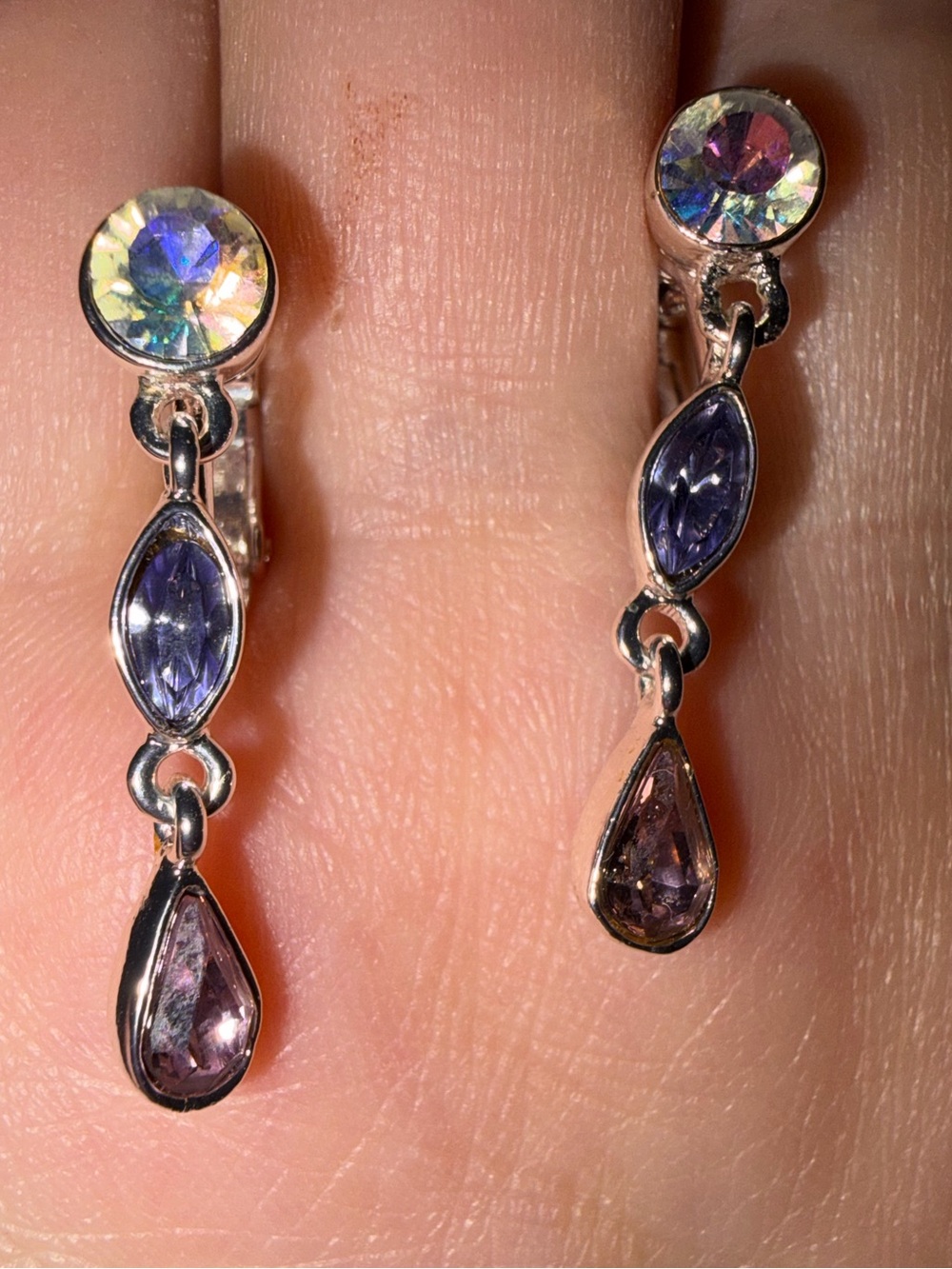 3/$25 Crystal Clip-on Dangle Earrings in Purple and Iridescent - Women Jewelry